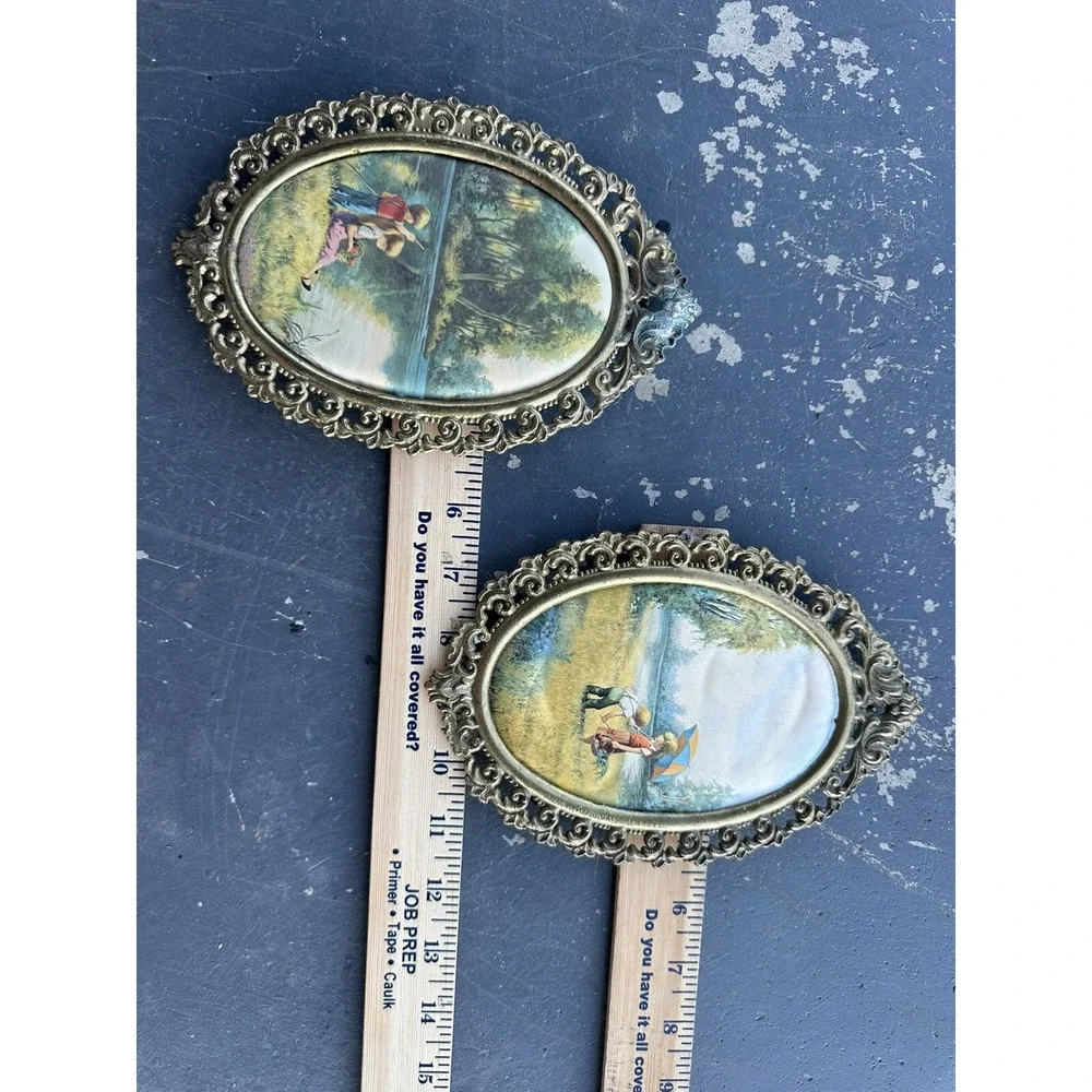 Vintage Victorian Brass Oval Ornate‎ Picture Frames Silk Children Outdoors X2